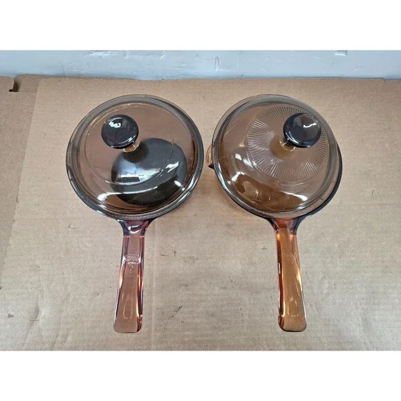 Vintage Vision Corning Sauce Pan Pot w/Pyrex Lid Amber Glass Cookware 2 of